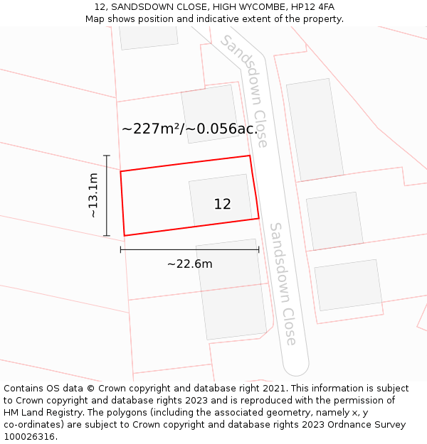 12, SANDSDOWN CLOSE, HIGH WYCOMBE, HP12 4FA: Plot and title map