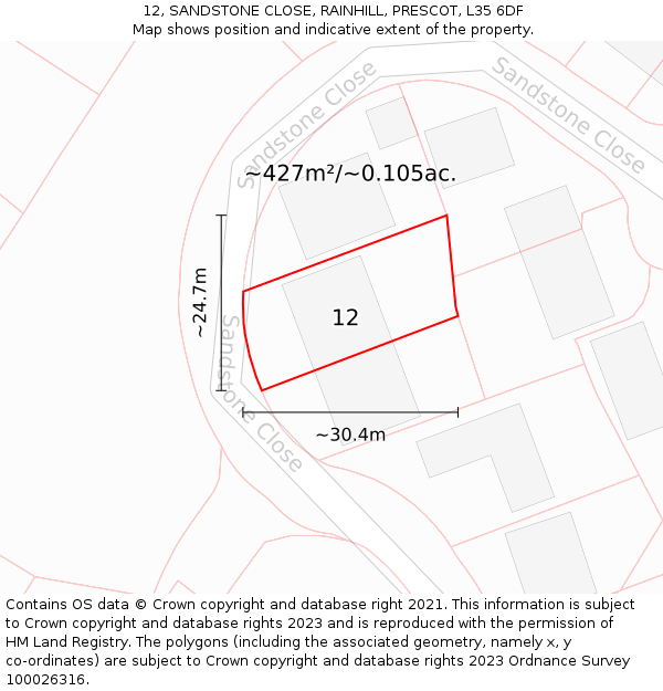 12, SANDSTONE CLOSE, RAINHILL, PRESCOT, L35 6DF: Plot and title map