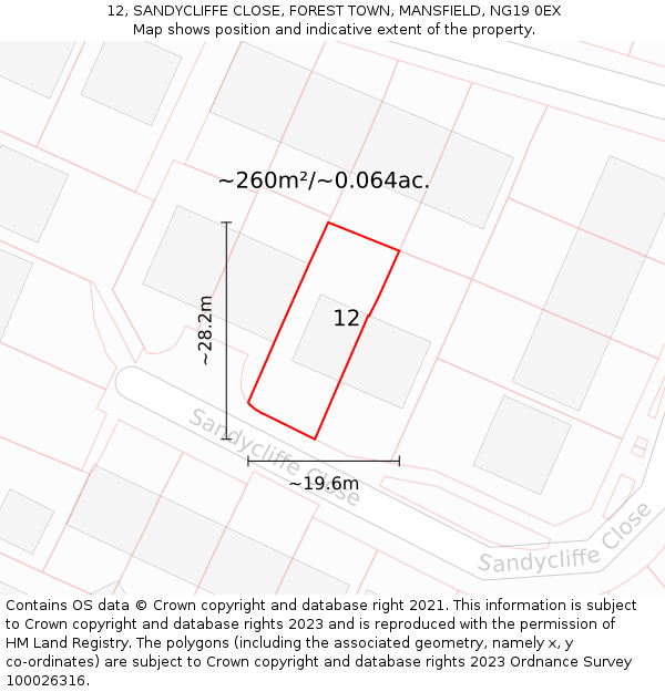 12, SANDYCLIFFE CLOSE, FOREST TOWN, MANSFIELD, NG19 0EX: Plot and title map