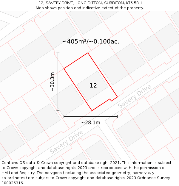 12, SAVERY DRIVE, LONG DITTON, SURBITON, KT6 5RH: Plot and title map