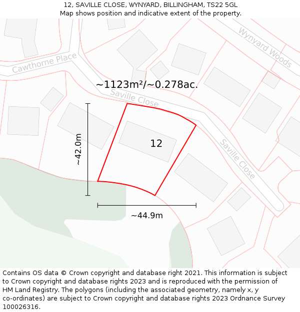 12, SAVILLE CLOSE, WYNYARD, BILLINGHAM, TS22 5GL: Plot and title map