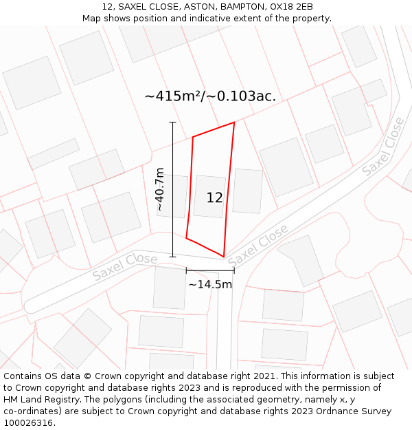 12, SAXEL CLOSE, ASTON, BAMPTON, OX18 2EB: Plot and title map
