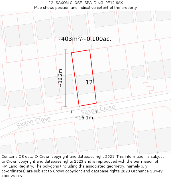 12, SAXON CLOSE, SPALDING, PE12 6AX: Plot and title map