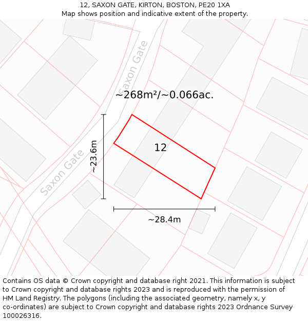 12, SAXON GATE, KIRTON, BOSTON, PE20 1XA: Plot and title map