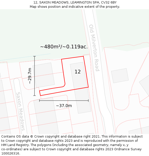 12, SAXON MEADOWS, LEAMINGTON SPA, CV32 6BY: Plot and title map
