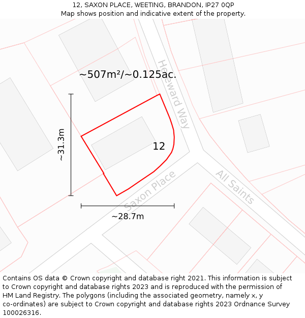 12, SAXON PLACE, WEETING, BRANDON, IP27 0QP: Plot and title map