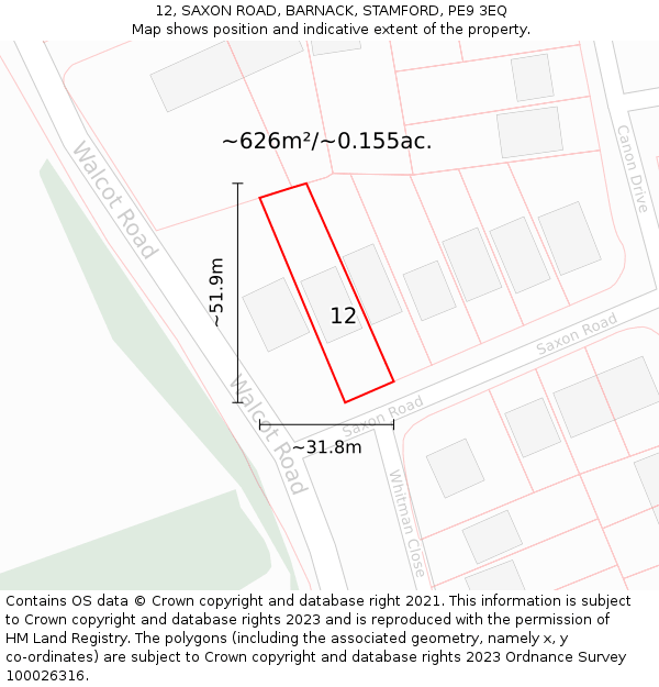 12, SAXON ROAD, BARNACK, STAMFORD, PE9 3EQ: Plot and title map