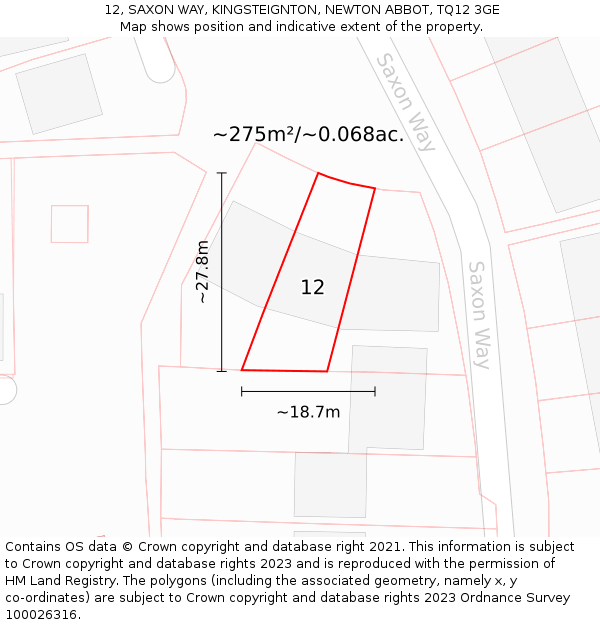 12, SAXON WAY, KINGSTEIGNTON, NEWTON ABBOT, TQ12 3GE: Plot and title map