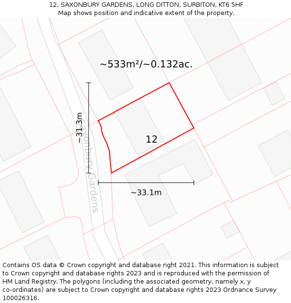 12, SAXONBURY GARDENS, LONG DITTON, SURBITON, KT6 5HF: Plot and title map