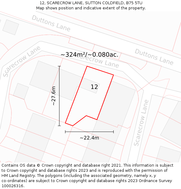 12, SCARECROW LANE, SUTTON COLDFIELD, B75 5TU: Plot and title map