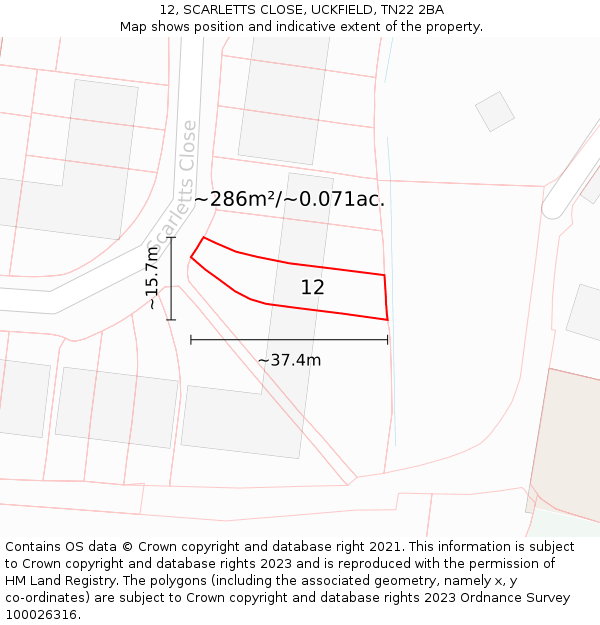 12, SCARLETTS CLOSE, UCKFIELD, TN22 2BA: Plot and title map
