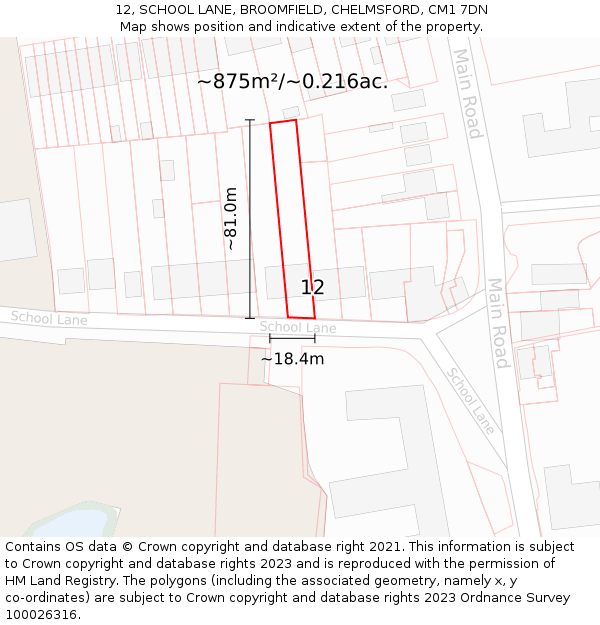 12, SCHOOL LANE, BROOMFIELD, CHELMSFORD, CM1 7DN: Plot and title map