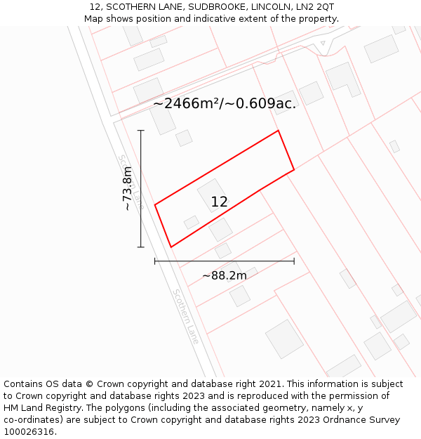 12, SCOTHERN LANE, SUDBROOKE, LINCOLN, LN2 2QT: Plot and title map
