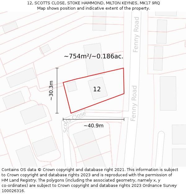12, SCOTTS CLOSE, STOKE HAMMOND, MILTON KEYNES, MK17 9RQ: Plot and title map