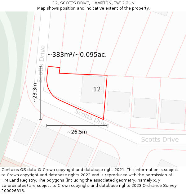 12, SCOTTS DRIVE, HAMPTON, TW12 2UN: Plot and title map