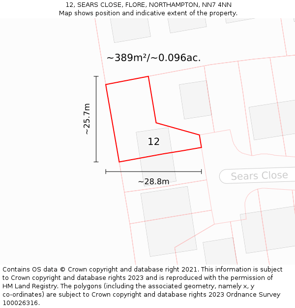 12, SEARS CLOSE, FLORE, NORTHAMPTON, NN7 4NN: Plot and title map