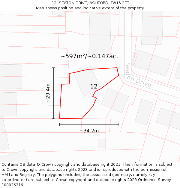 12, SEATON DRIVE, ASHFORD, TW15 3ET: Plot and title map