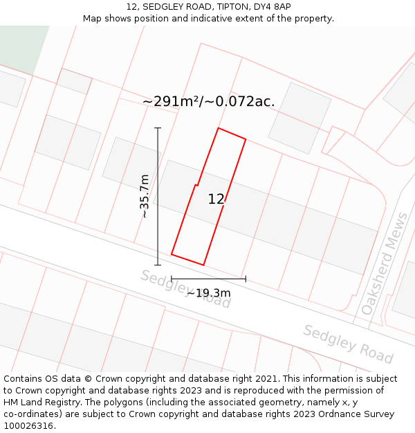 12, SEDGLEY ROAD, TIPTON, DY4 8AP: Plot and title map
