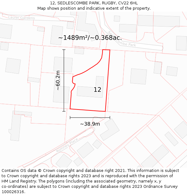 12, SEDLESCOMBE PARK, RUGBY, CV22 6HL: Plot and title map