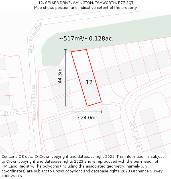 12, SELKER DRIVE, AMINGTON, TAMWORTH, B77 3QT: Plot and title map