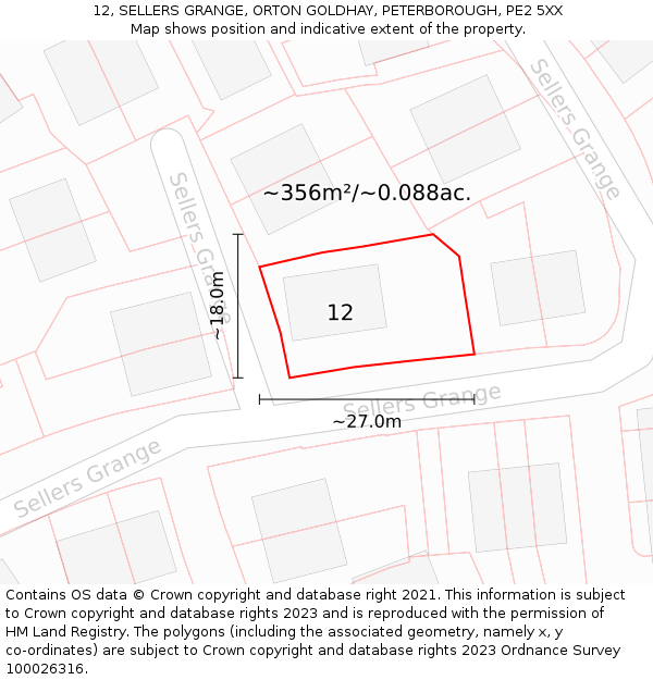 12, SELLERS GRANGE, ORTON GOLDHAY, PETERBOROUGH, PE2 5XX: Plot and title map