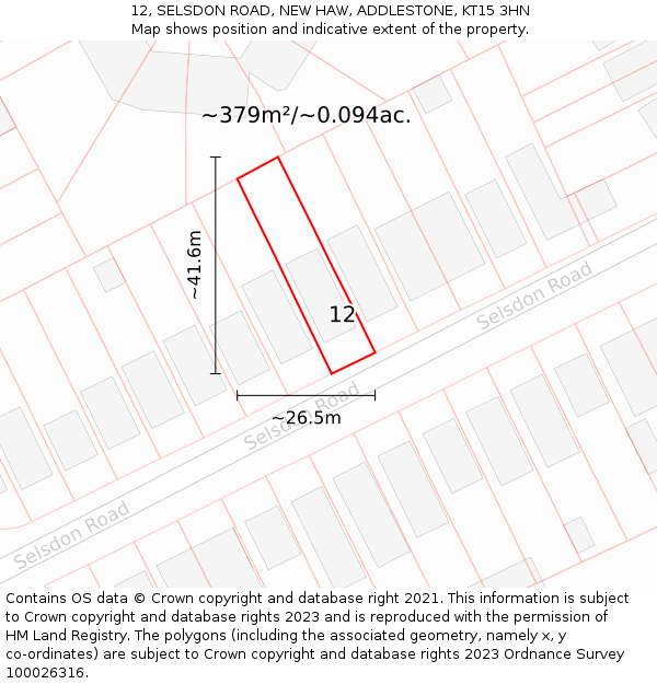 12, SELSDON ROAD, NEW HAW, ADDLESTONE, KT15 3HN: Plot and title map