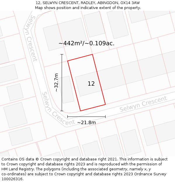 12, SELWYN CRESCENT, RADLEY, ABINGDON, OX14 3AW: Plot and title map