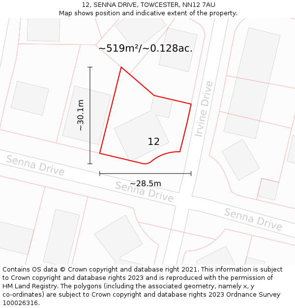 12, SENNA DRIVE, TOWCESTER, NN12 7AU: Plot and title map
