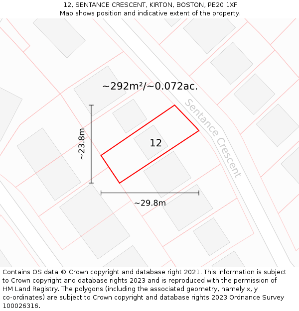12, SENTANCE CRESCENT, KIRTON, BOSTON, PE20 1XF: Plot and title map