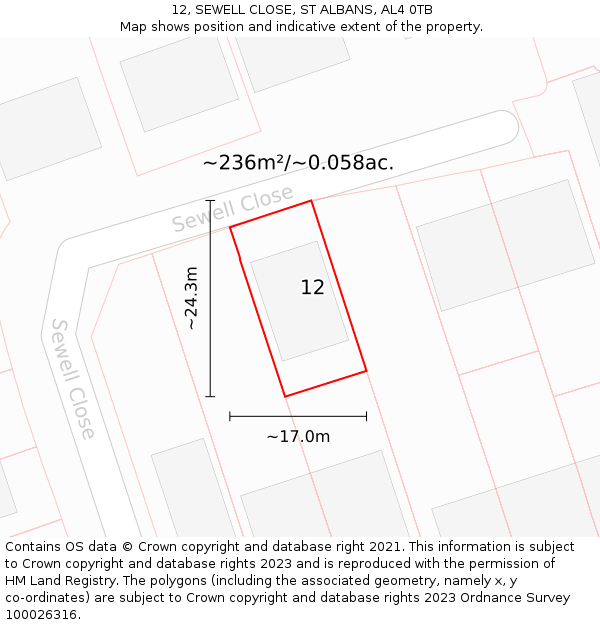 12, SEWELL CLOSE, ST ALBANS, AL4 0TB: Plot and title map