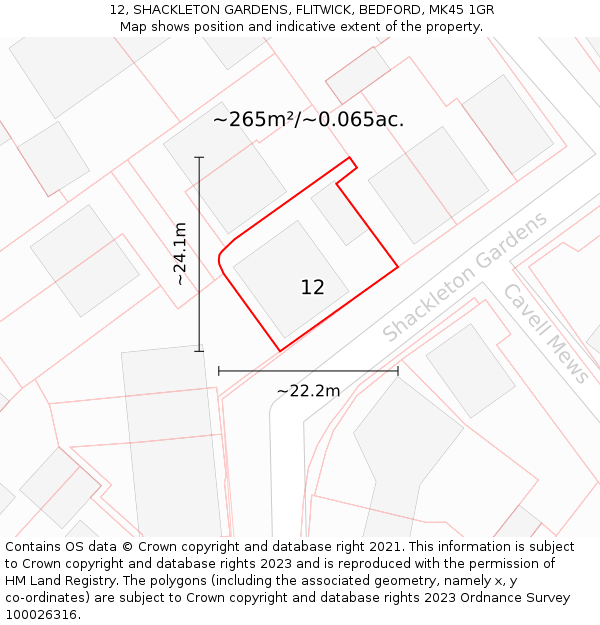 12, SHACKLETON GARDENS, FLITWICK, BEDFORD, MK45 1GR: Plot and title map