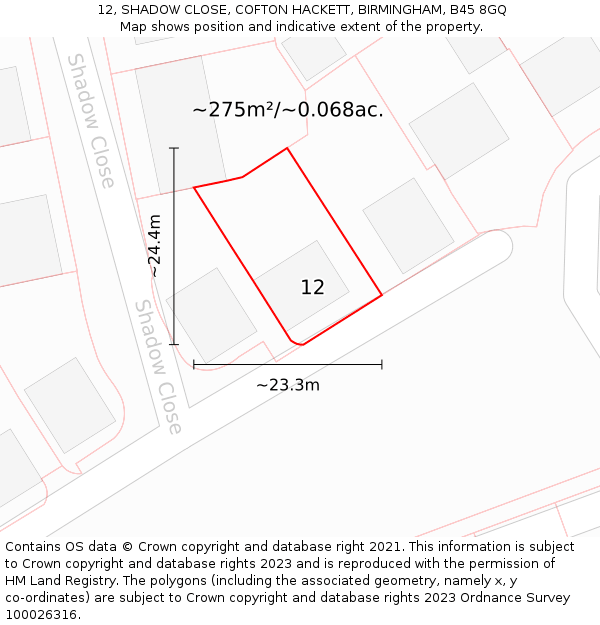 12, SHADOW CLOSE, COFTON HACKETT, BIRMINGHAM, B45 8GQ: Plot and title map