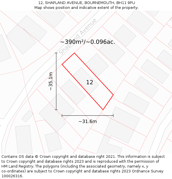 12, SHAPLAND AVENUE, BOURNEMOUTH, BH11 9PU: Plot and title map
