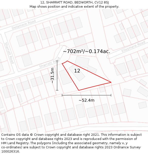 12, SHARRATT ROAD, BEDWORTH, CV12 8SJ: Plot and title map