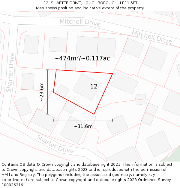 12, SHARTER DRIVE, LOUGHBOROUGH, LE11 5ET: Plot and title map