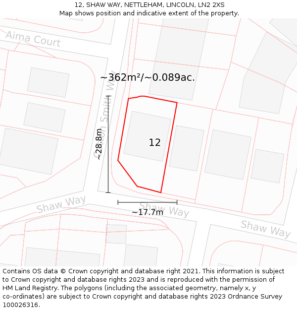 12, SHAW WAY, NETTLEHAM, LINCOLN, LN2 2XS: Plot and title map
