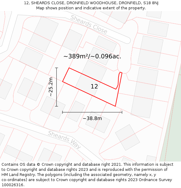 12, SHEARDS CLOSE, DRONFIELD WOODHOUSE, DRONFIELD, S18 8NJ: Plot and title map