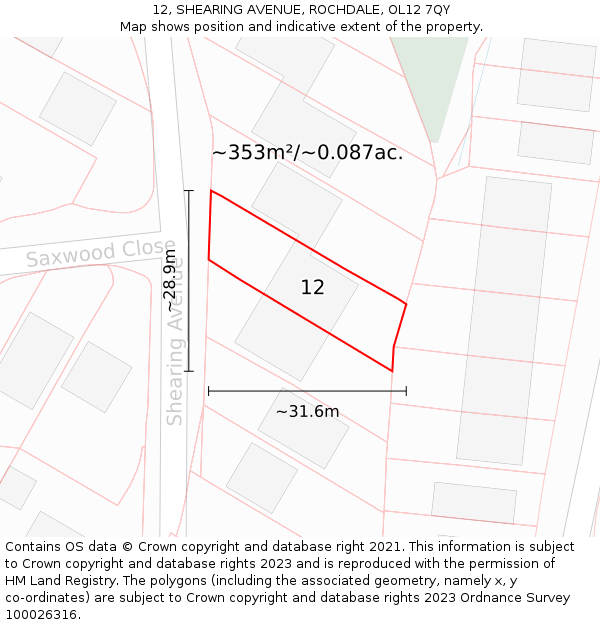 12, SHEARING AVENUE, ROCHDALE, OL12 7QY: Plot and title map