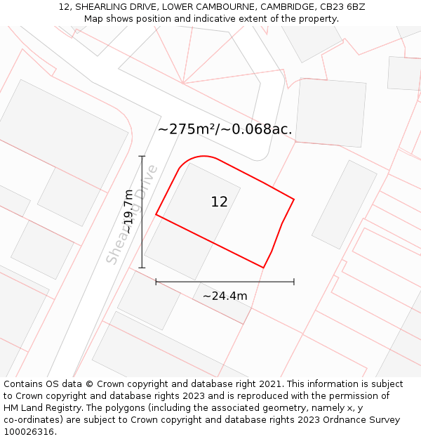 12, SHEARLING DRIVE, LOWER CAMBOURNE, CAMBRIDGE, CB23 6BZ: Plot and title map