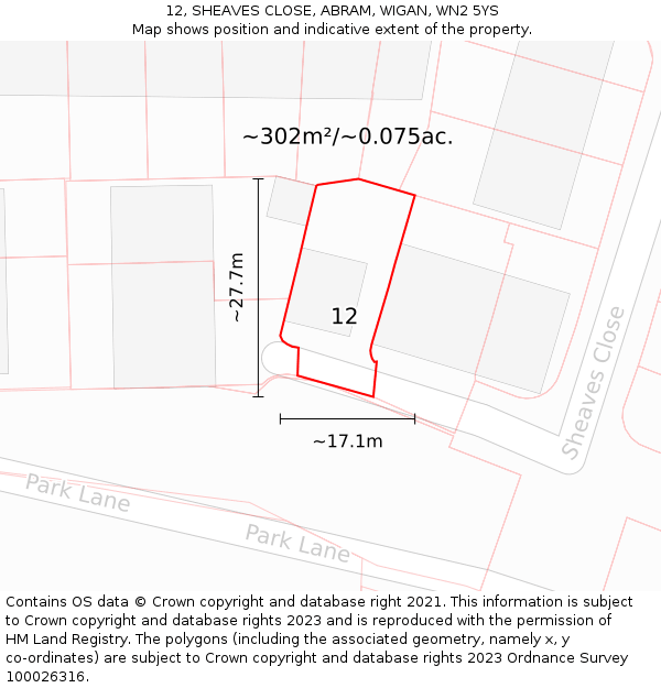 12, SHEAVES CLOSE, ABRAM, WIGAN, WN2 5YS: Plot and title map