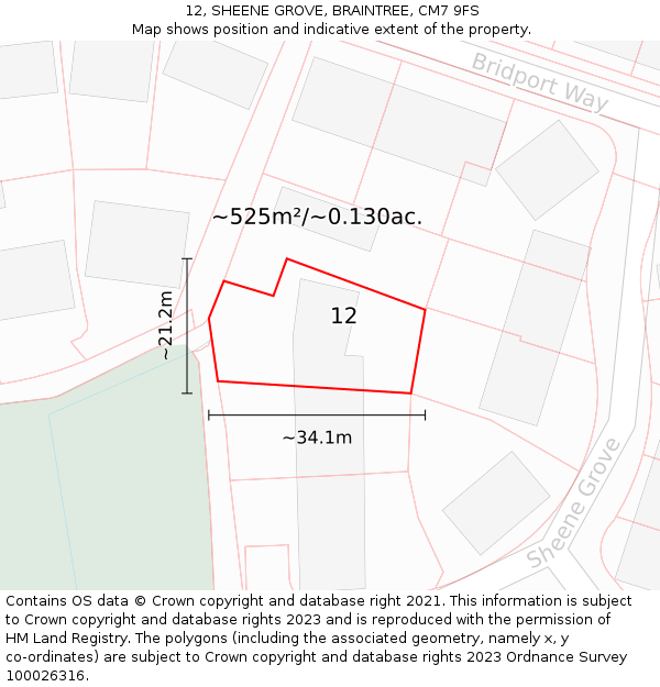12, SHEENE GROVE, BRAINTREE, CM7 9FS: Plot and title map