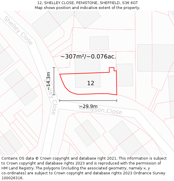 12, SHELLEY CLOSE, PENISTONE, SHEFFIELD, S36 6GT: Plot and title map