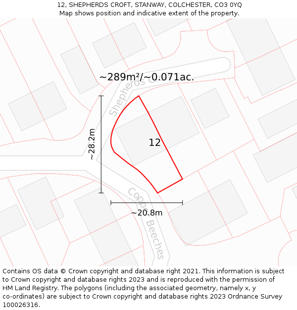 12, SHEPHERDS CROFT, STANWAY, COLCHESTER, CO3 0YQ: Plot and title map