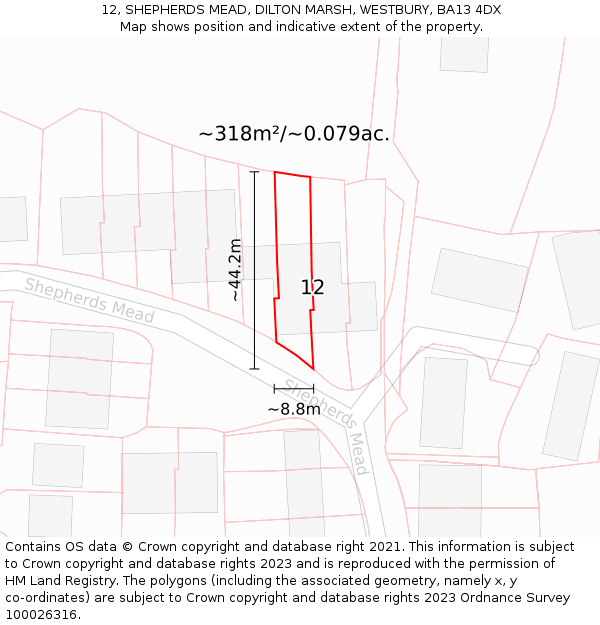 12, SHEPHERDS MEAD, DILTON MARSH, WESTBURY, BA13 4DX: Plot and title map