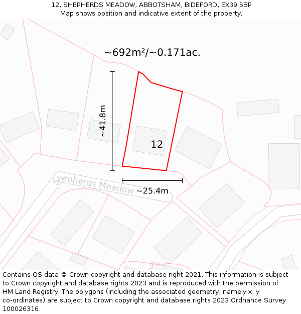 12, SHEPHERDS MEADOW, ABBOTSHAM, BIDEFORD, EX39 5BP: Plot and title map