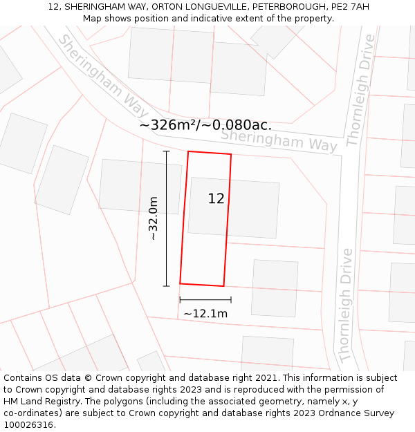 12, SHERINGHAM WAY, ORTON LONGUEVILLE, PETERBOROUGH, PE2 7AH: Plot and title map