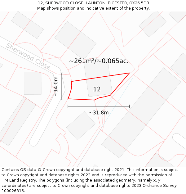 12, SHERWOOD CLOSE, LAUNTON, BICESTER, OX26 5DR: Plot and title map