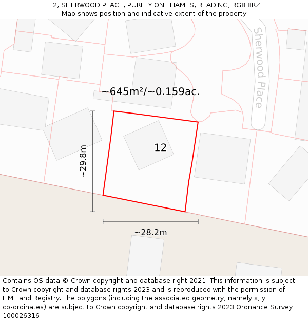 12, SHERWOOD PLACE, PURLEY ON THAMES, READING, RG8 8RZ: Plot and title map