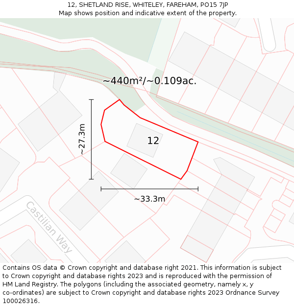 12, SHETLAND RISE, WHITELEY, FAREHAM, PO15 7JP: Plot and title map