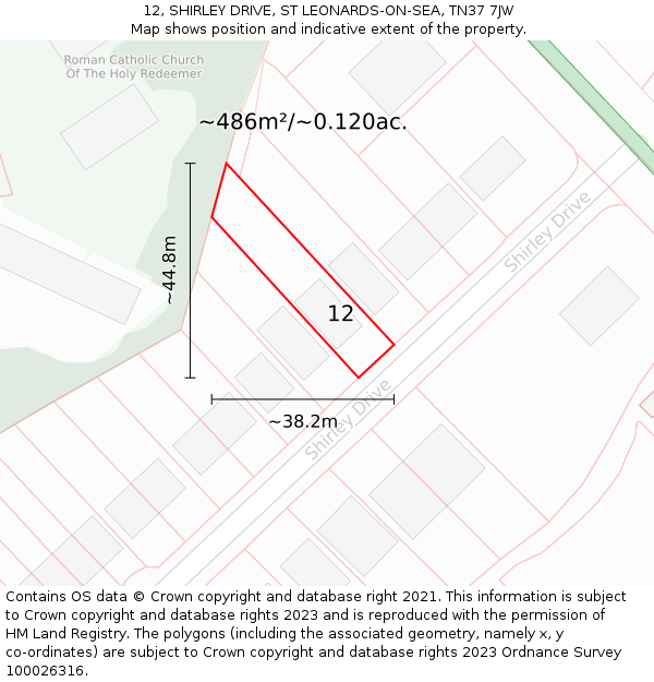 12, SHIRLEY DRIVE, ST LEONARDS-ON-SEA, TN37 7JW: Plot and title map